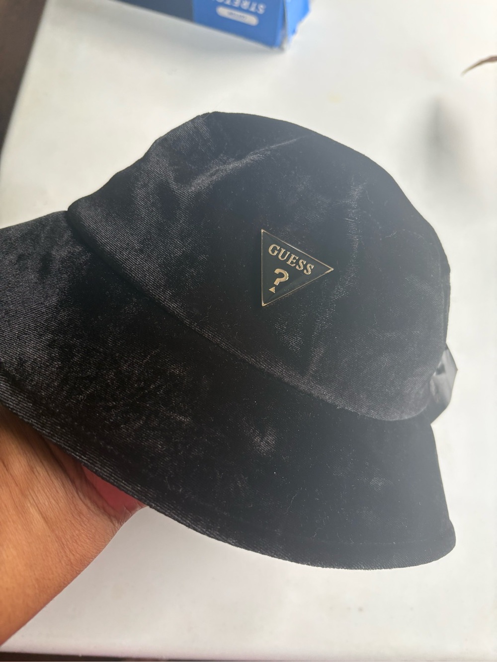 GUESS Black Velvet Bucket Hat with Gold Logo Triangle